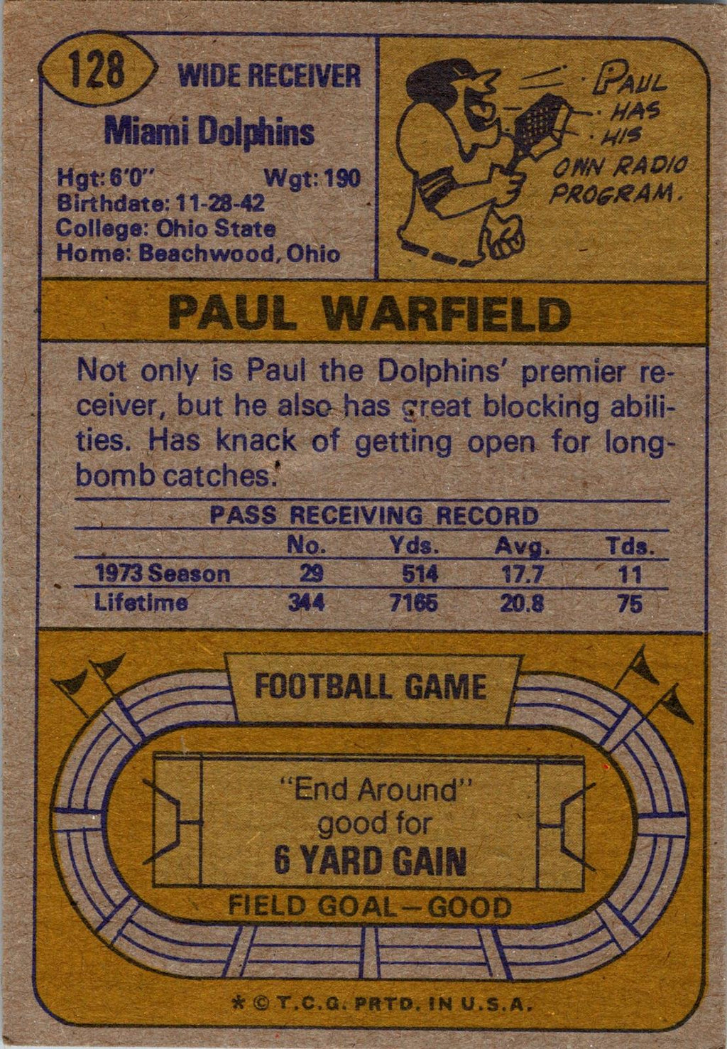 1974 Topps #128 Paul Warfield