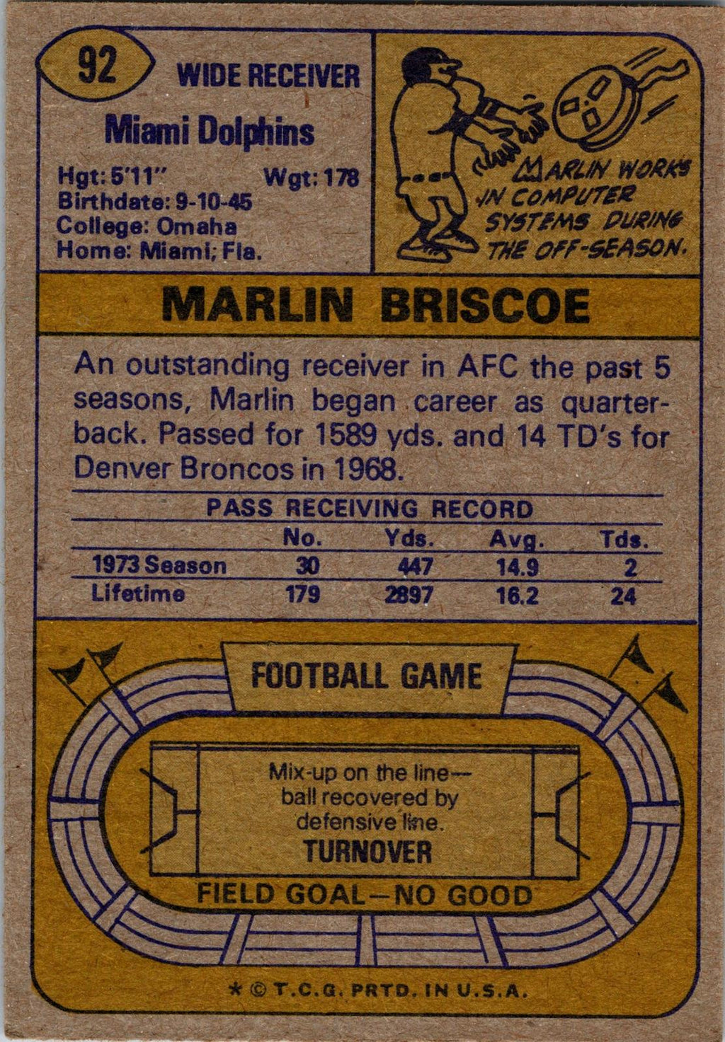 1974 Topps #92 Marlin Briscoe