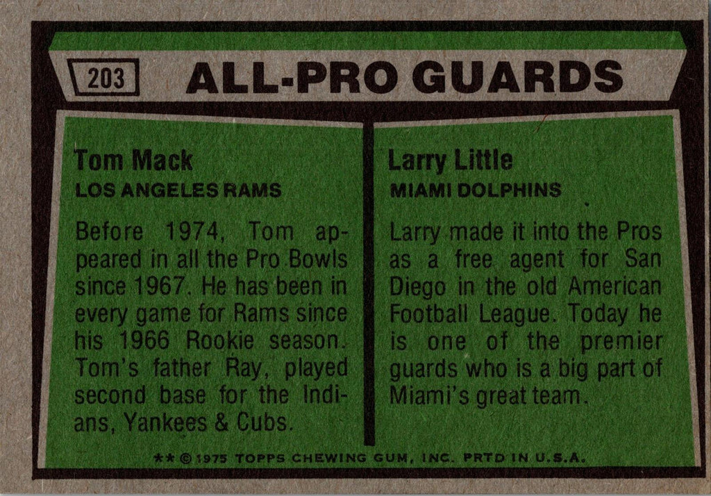 1975 Topps #203 1974 All-Pro Guards (Tom Mack / Larry Little)
