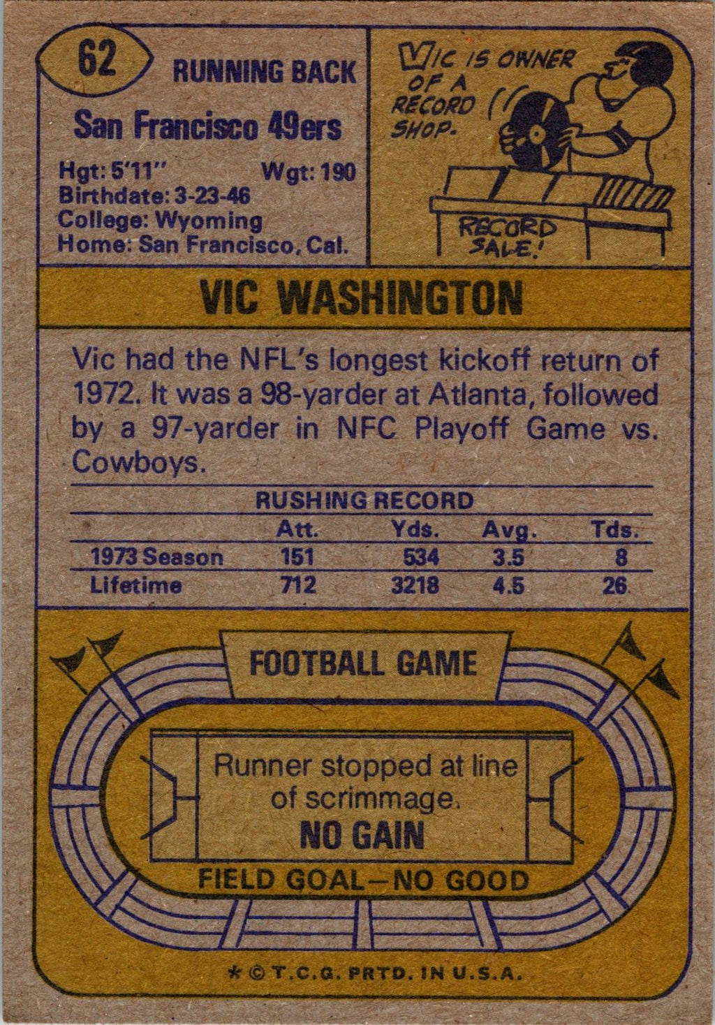1974 Topps #62 Vic Washington