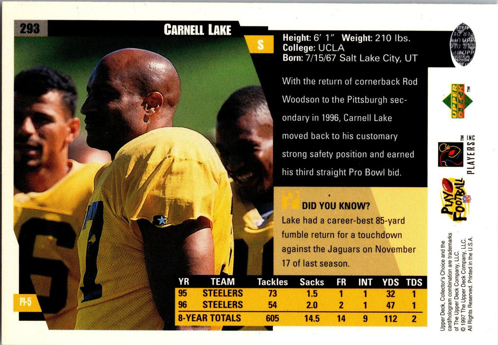 1997 Collector's Choice Pittsburgh Steelers #PI5 Carnell Lake