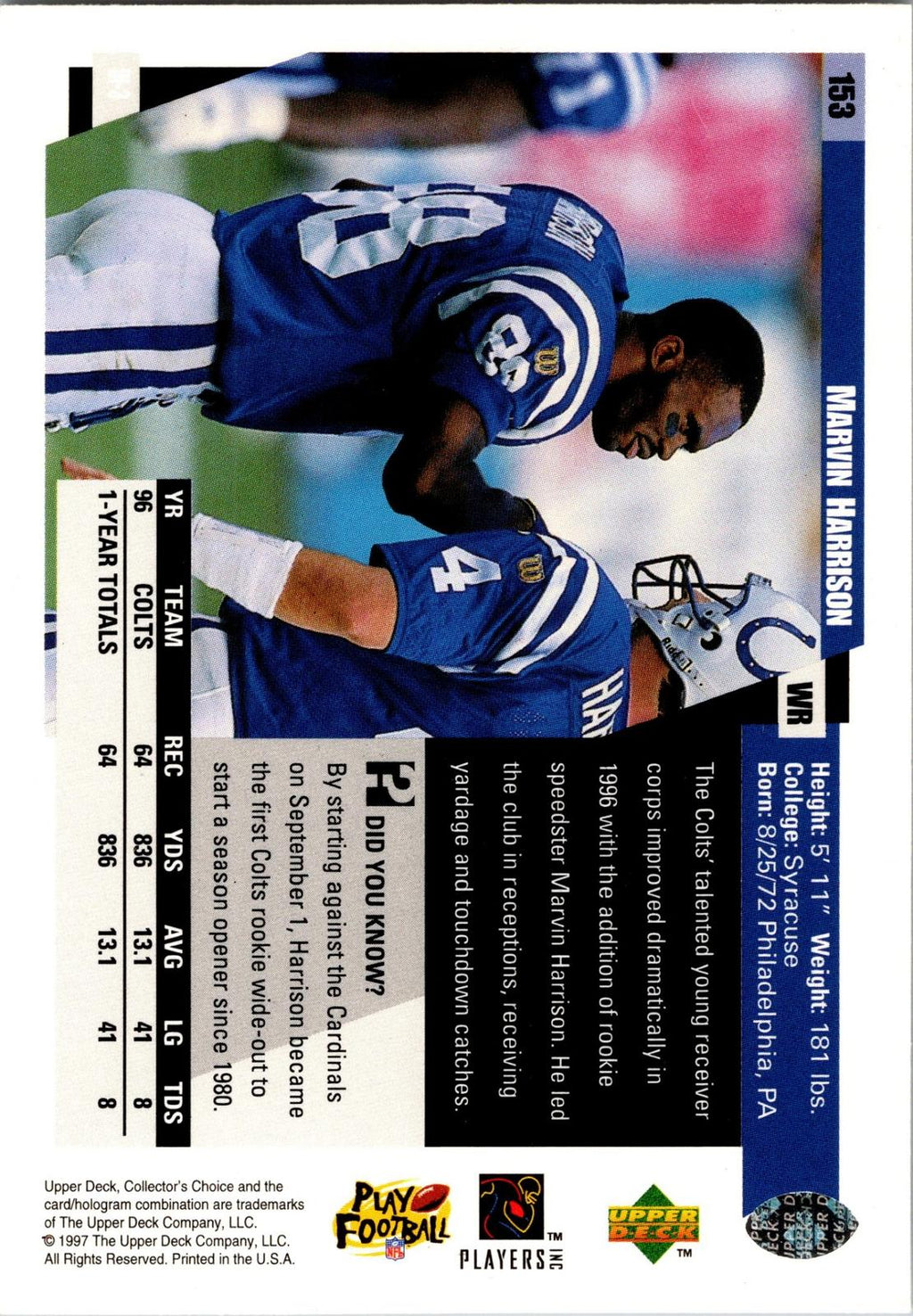 1997 Collector's Choice #153 Marvin Harrison