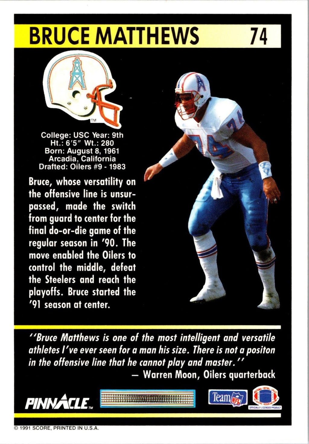 1991 Pinnacle #74 Bruce Matthews