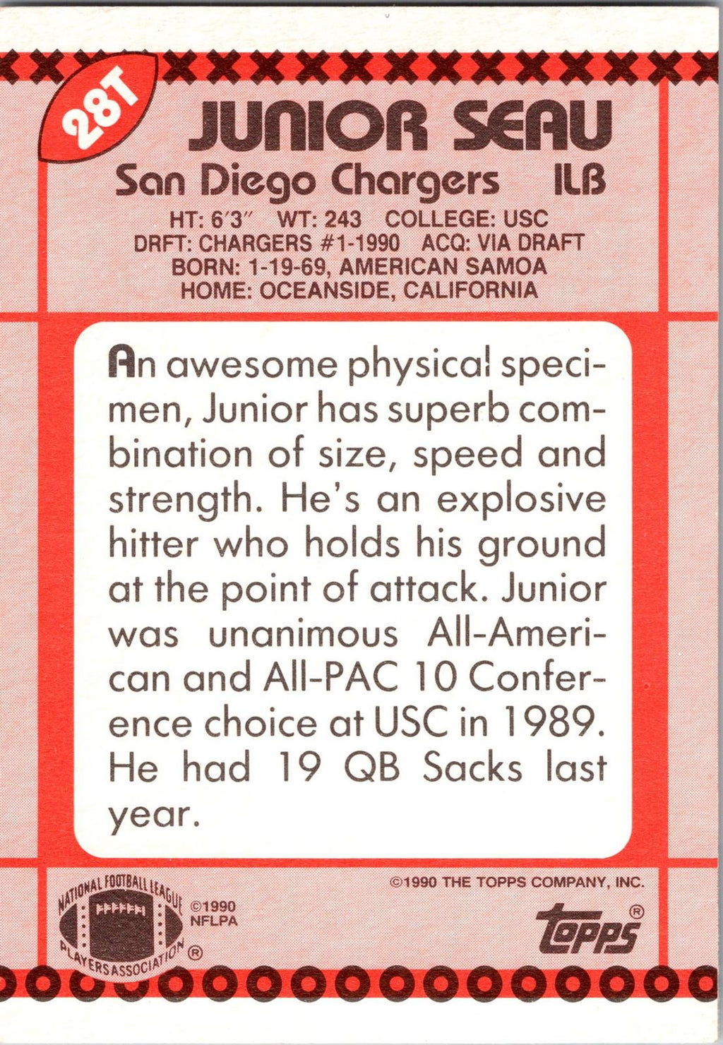 1990 Topps Traded #28T Junior Seau