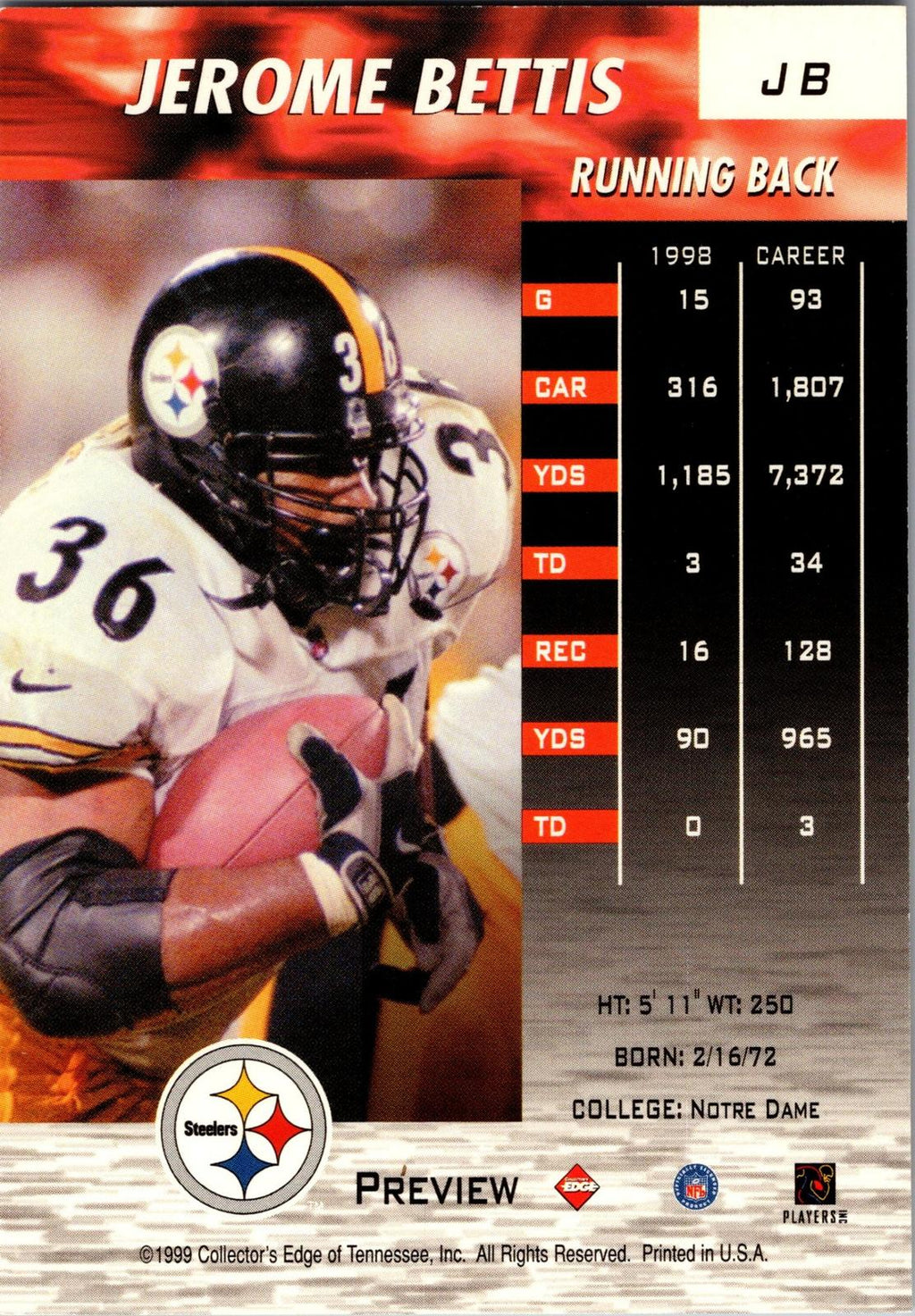 1999 Collector's Edge Fury #JB Jerome Bettis Previews