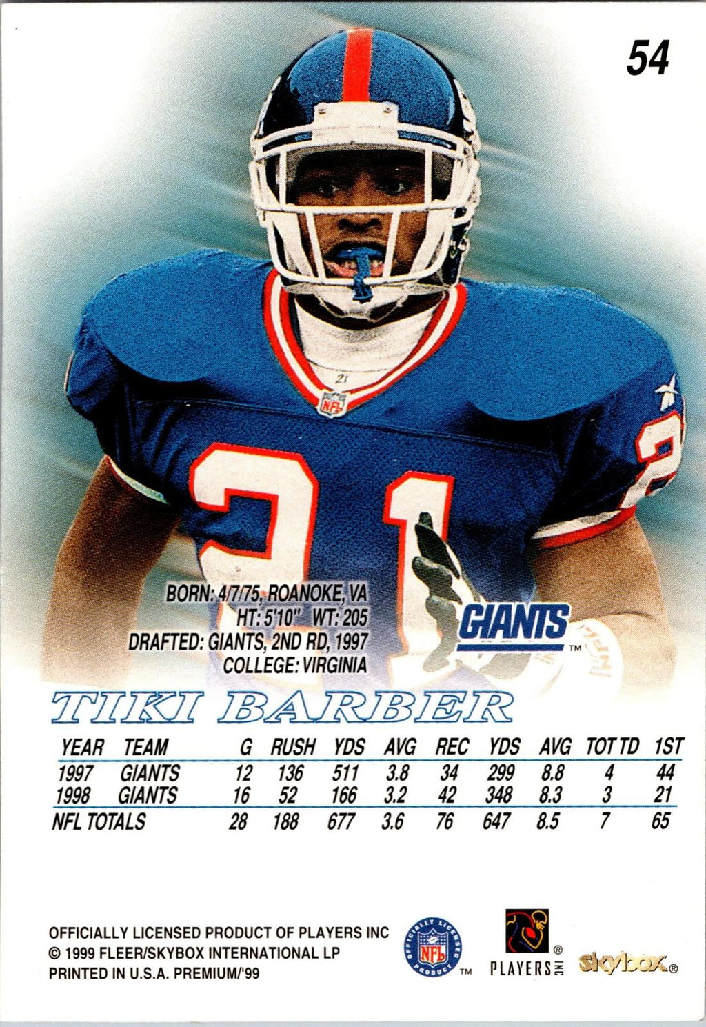 1999 SkyBox Premium #54 Tiki Barber