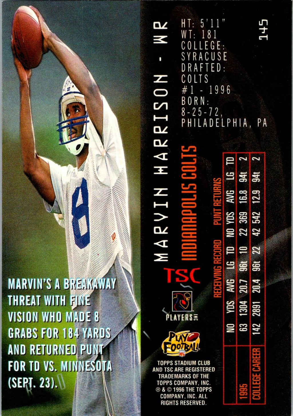 1996 Stadium Club #145 Marvin Harrison Members Only