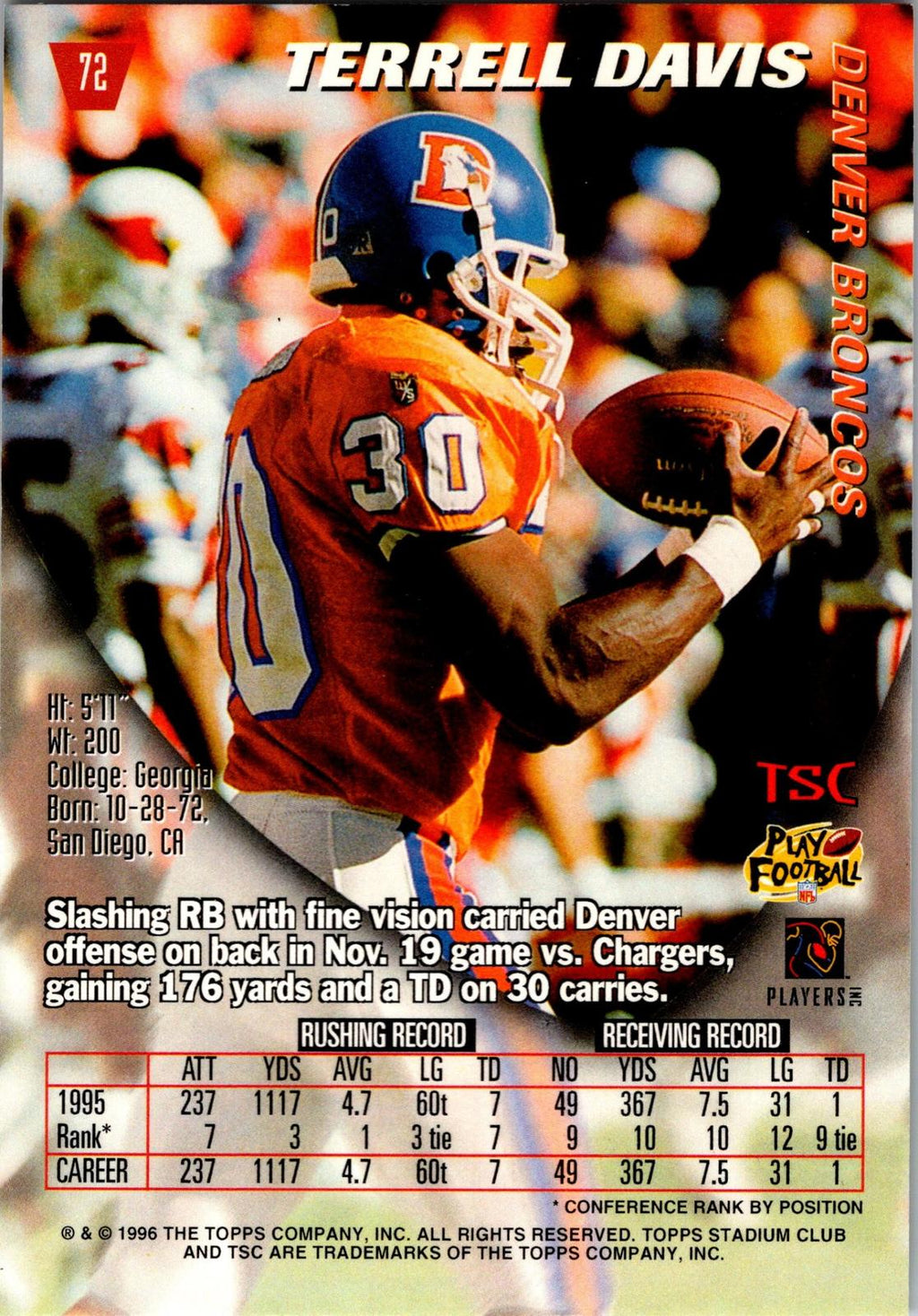 1996 Stadium Club #72 Terrell Davis Members Only