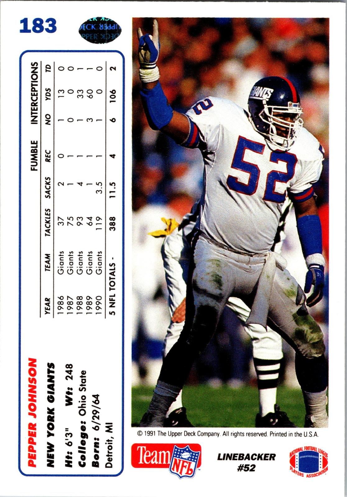 1991 Upper Deck #183b Pepper Johnson