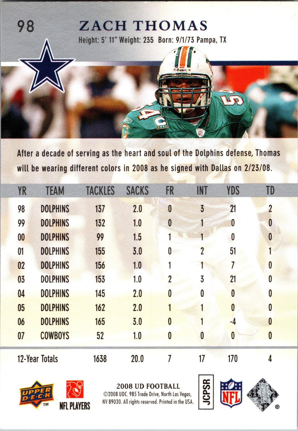 2008 Upper Deck #98 Zach Thomas