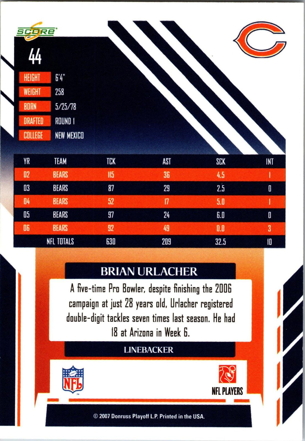 2007 Score #44 Brian Urlacher