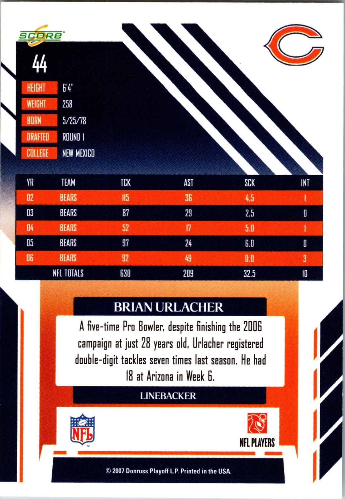 2007 Score #44 Brian Urlacher