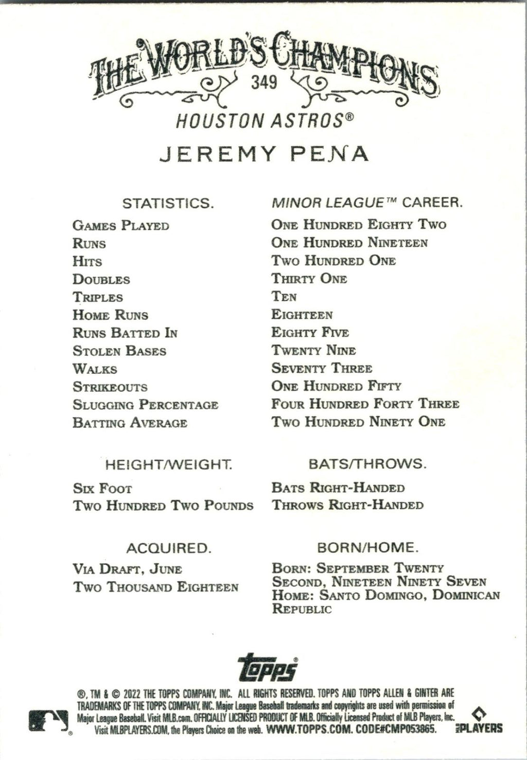 2022 Topps Allen & Ginter #349 Jeremy Pena