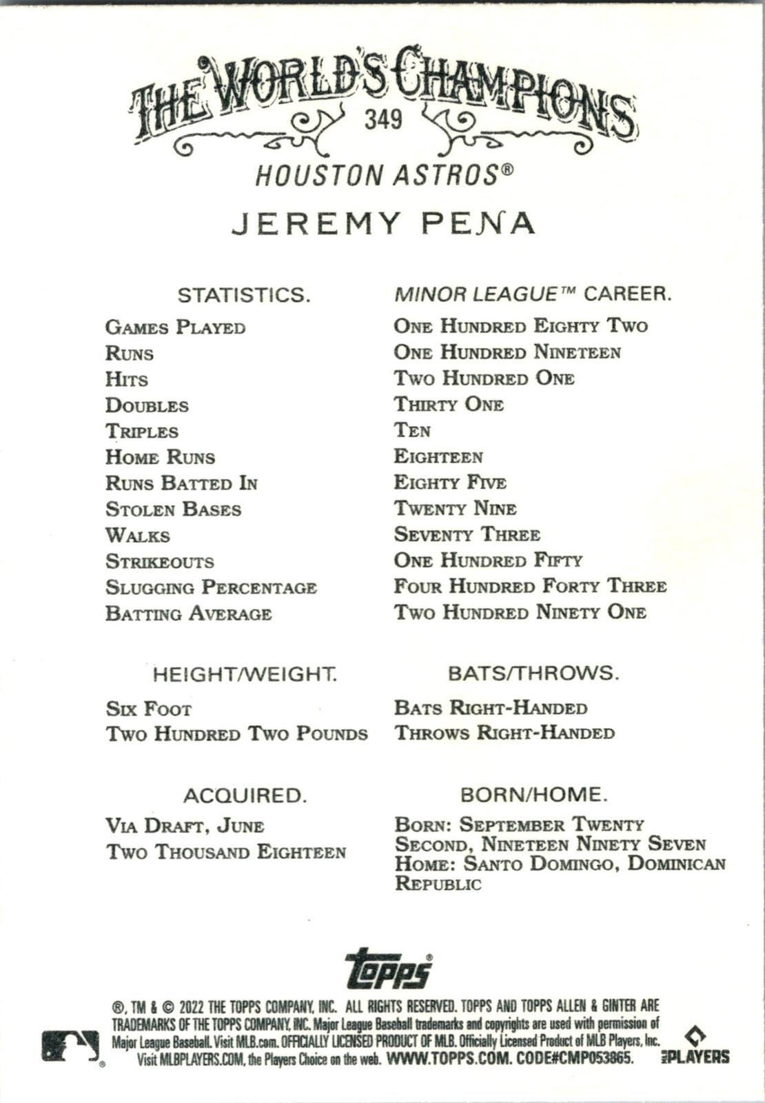 2022 Topps Allen & Ginter #349 Jeremy Pena