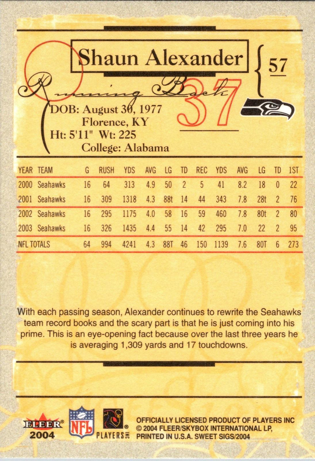 2004 Fleer Sweet Sigs #57 Shaun Alexander