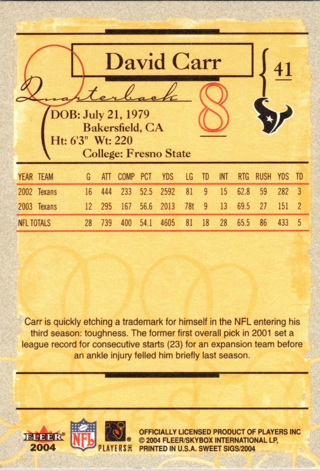 2004 Fleer Sweet Sigs #41 David Carr