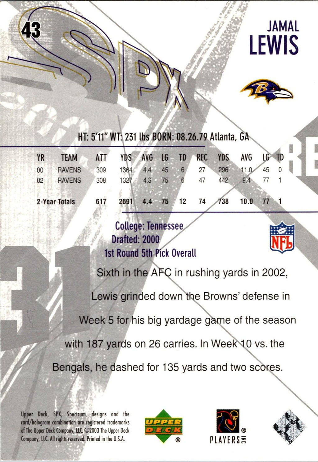 2003 SPx #43 Jamal Lewis