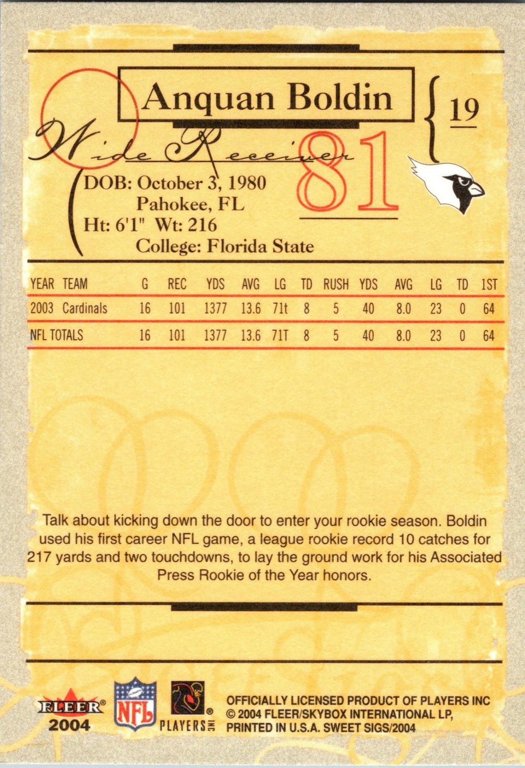 2004 Fleer Sweet Sigs #19 Anquan Boldin
