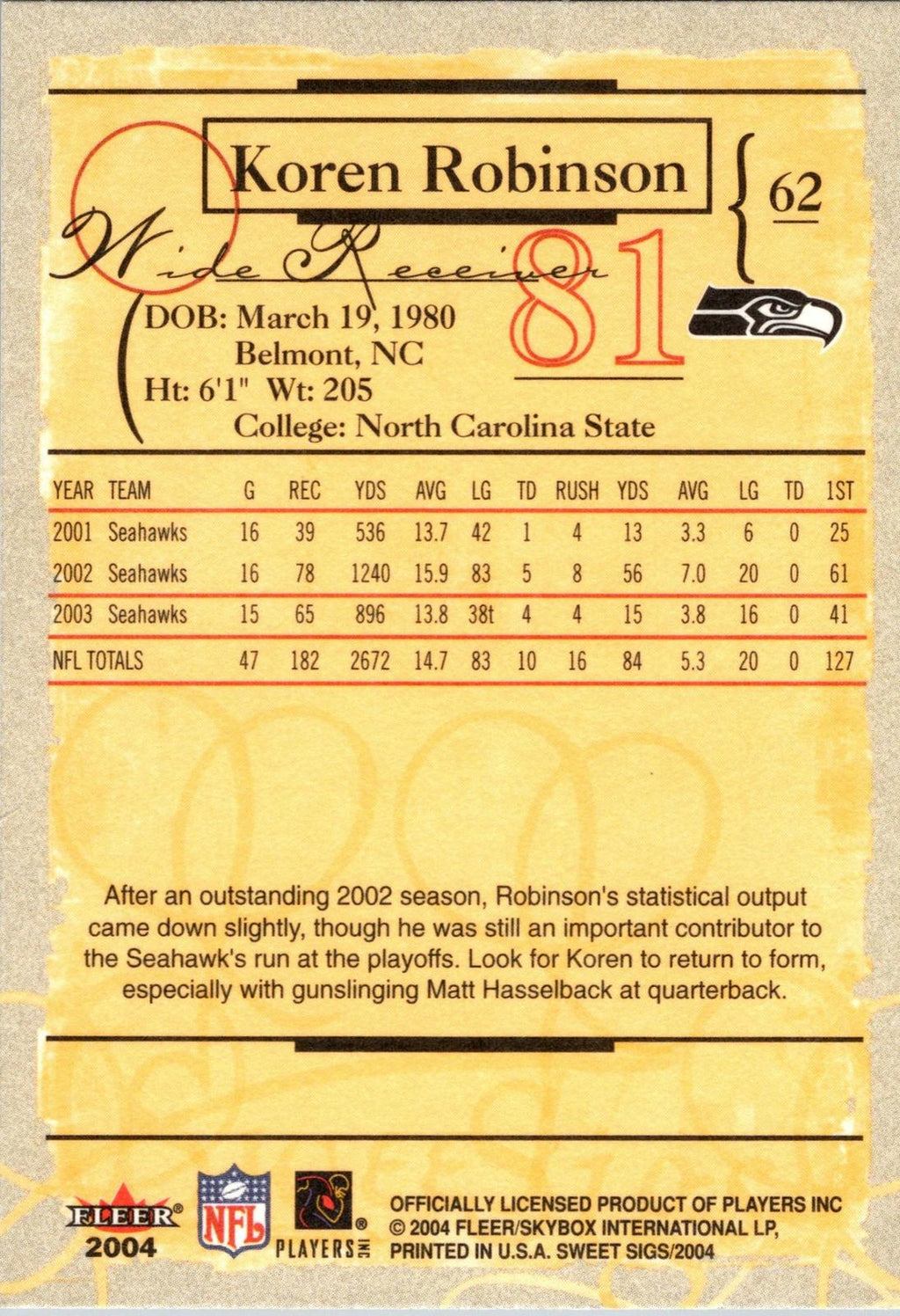 2004 Fleer Sweet Sigs #62 Koren Robinson
