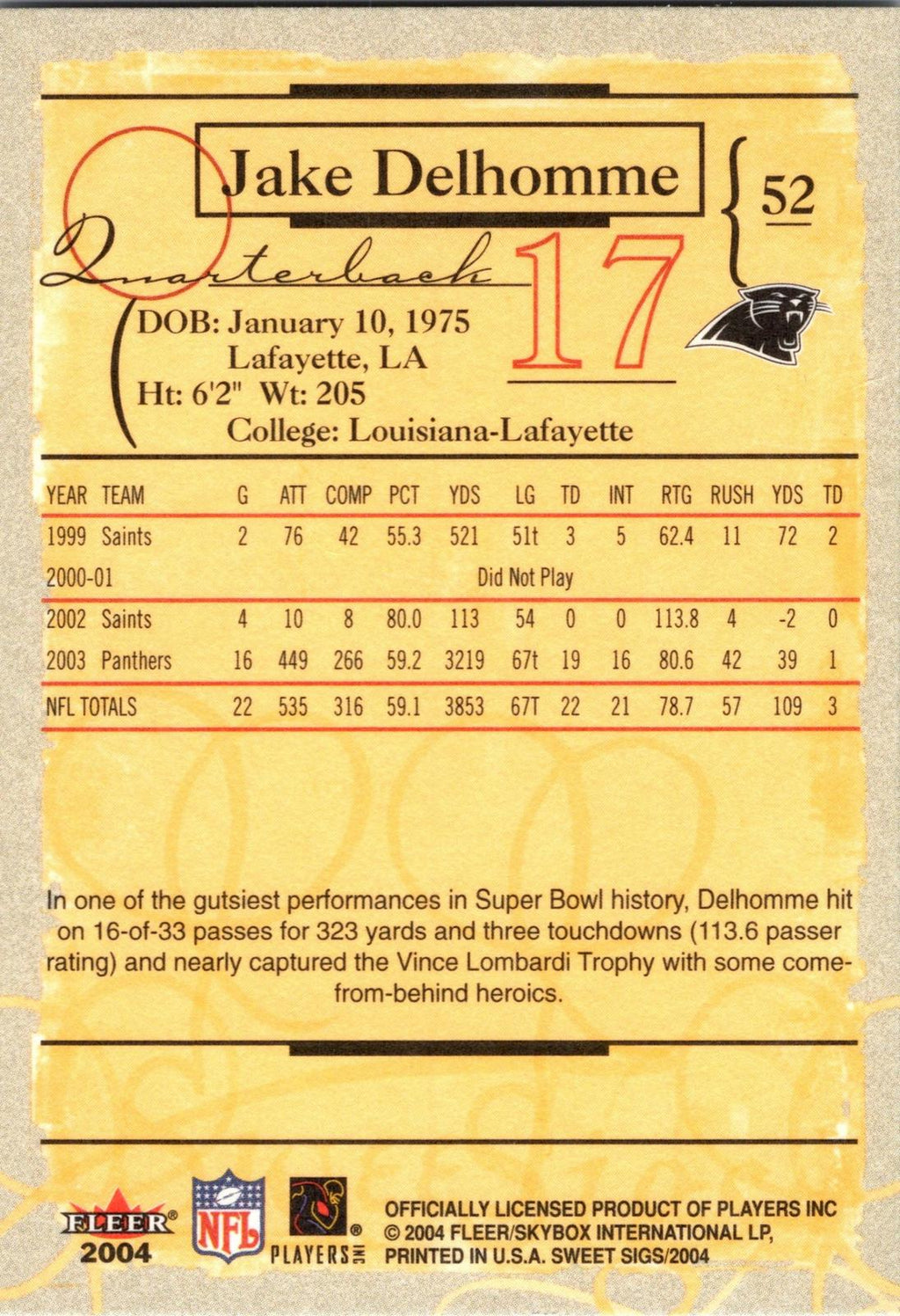 2004 Fleer Sweet Sigs #52 Jake Delhomme