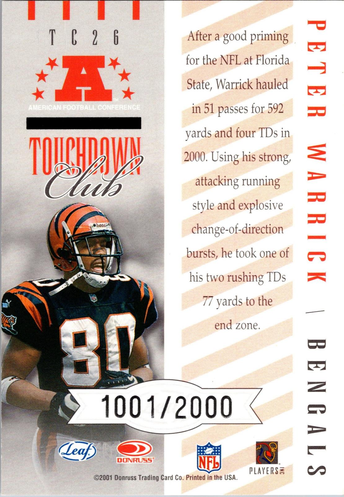 2001 Quantum Leaf #TC26 Peter Warrick Touchdown Club #/2000