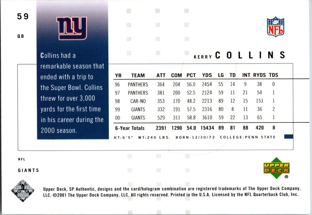 2001 SP Authentic #59 Kerry Collins