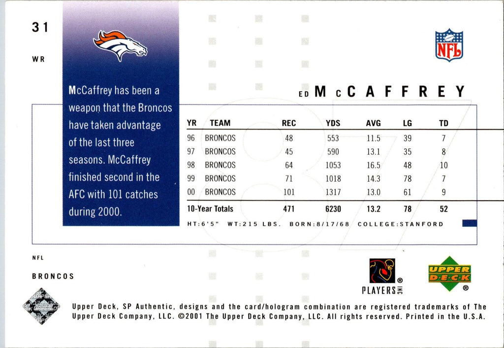 2001 SP Authentic #31 Ed McCaffrey