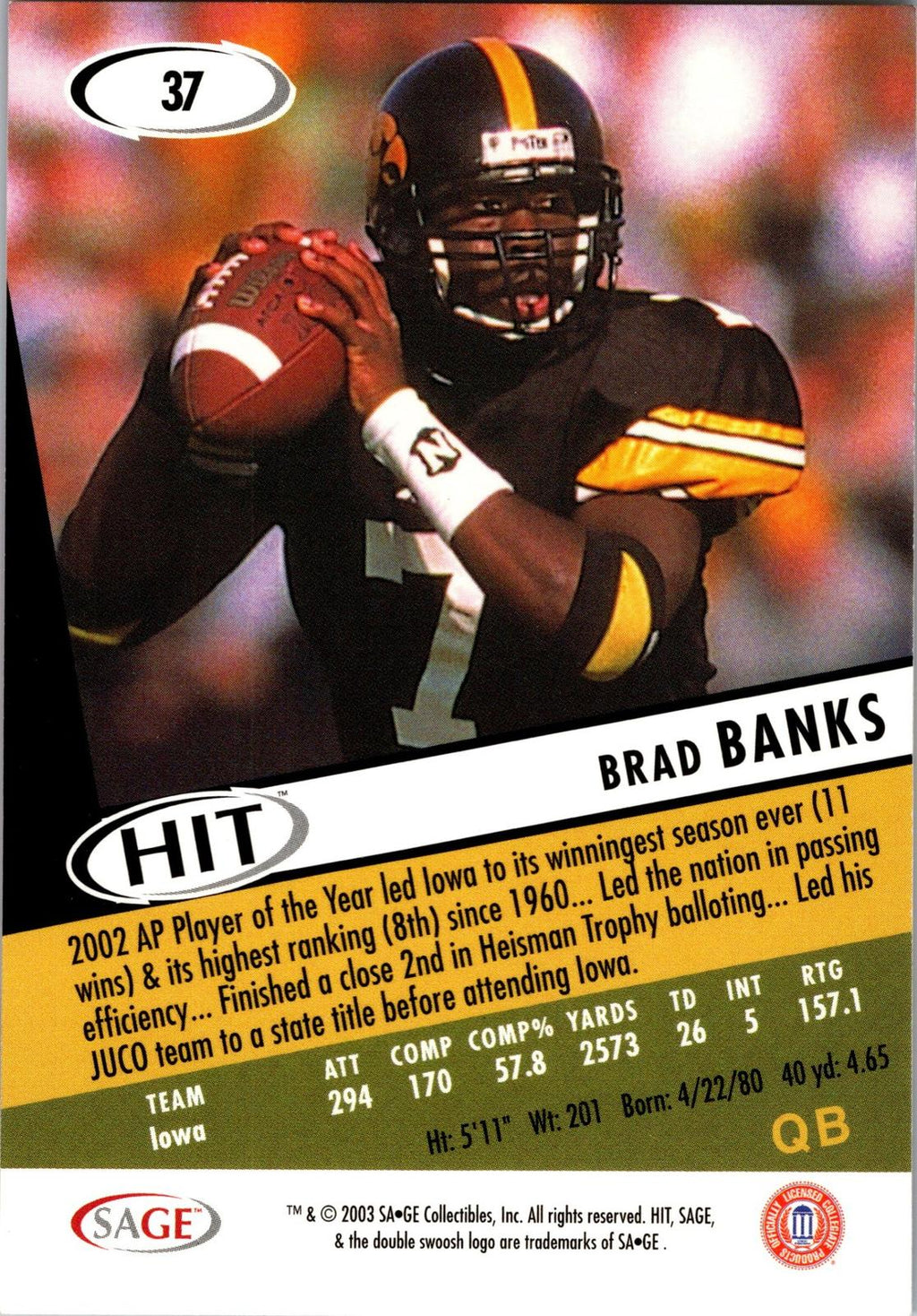 2003 SAGE HIT #37 Brad Banks