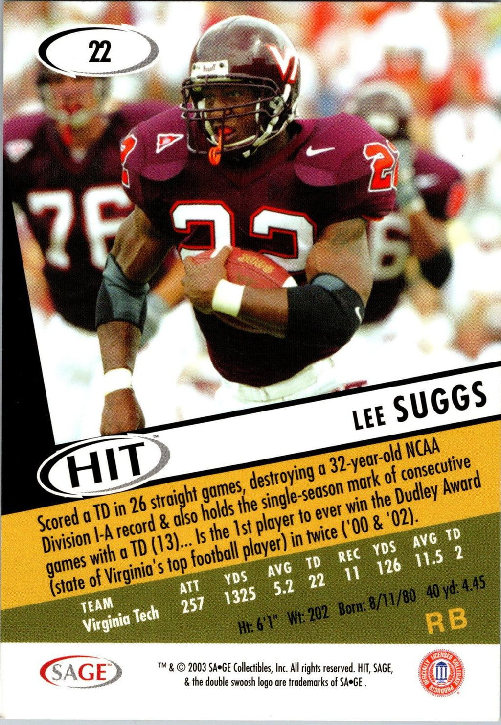2003 SAGE HIT #22 Lee Suggs