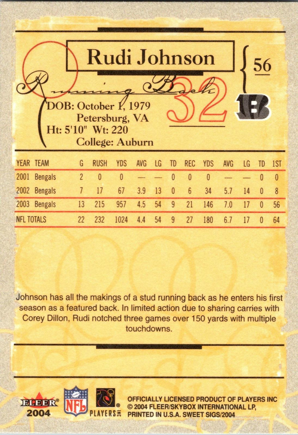 2004 Fleer Sweet Sigs #56 Rudi Johnson