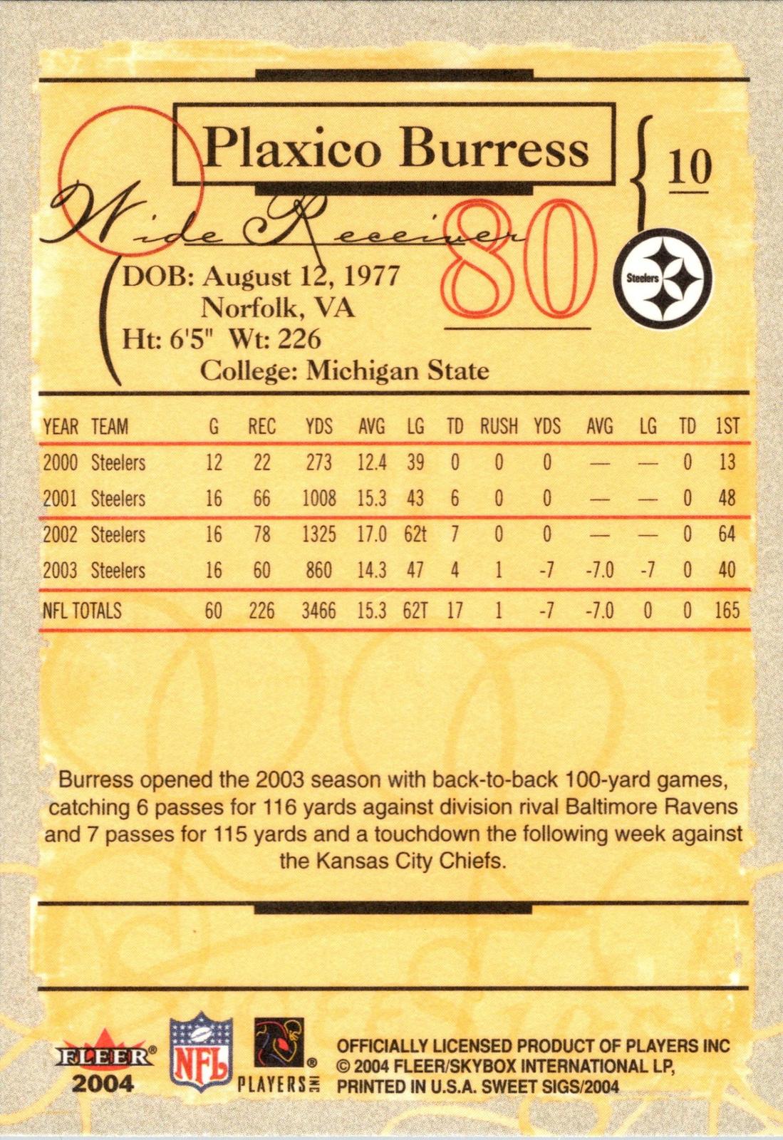 2004 Fleer Sweet Sigs #10 Plaxico Burress