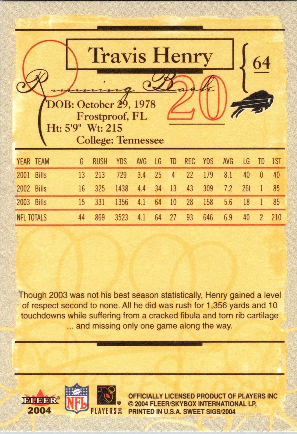 2004 Fleer Sweet Sigs #64 Travis Henry