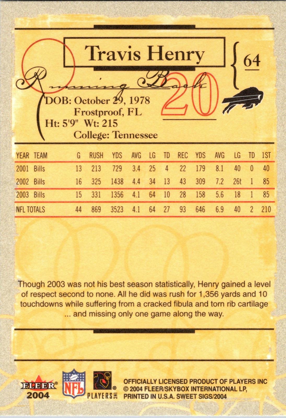 2004 Fleer Sweet Sigs #64 Travis Henry