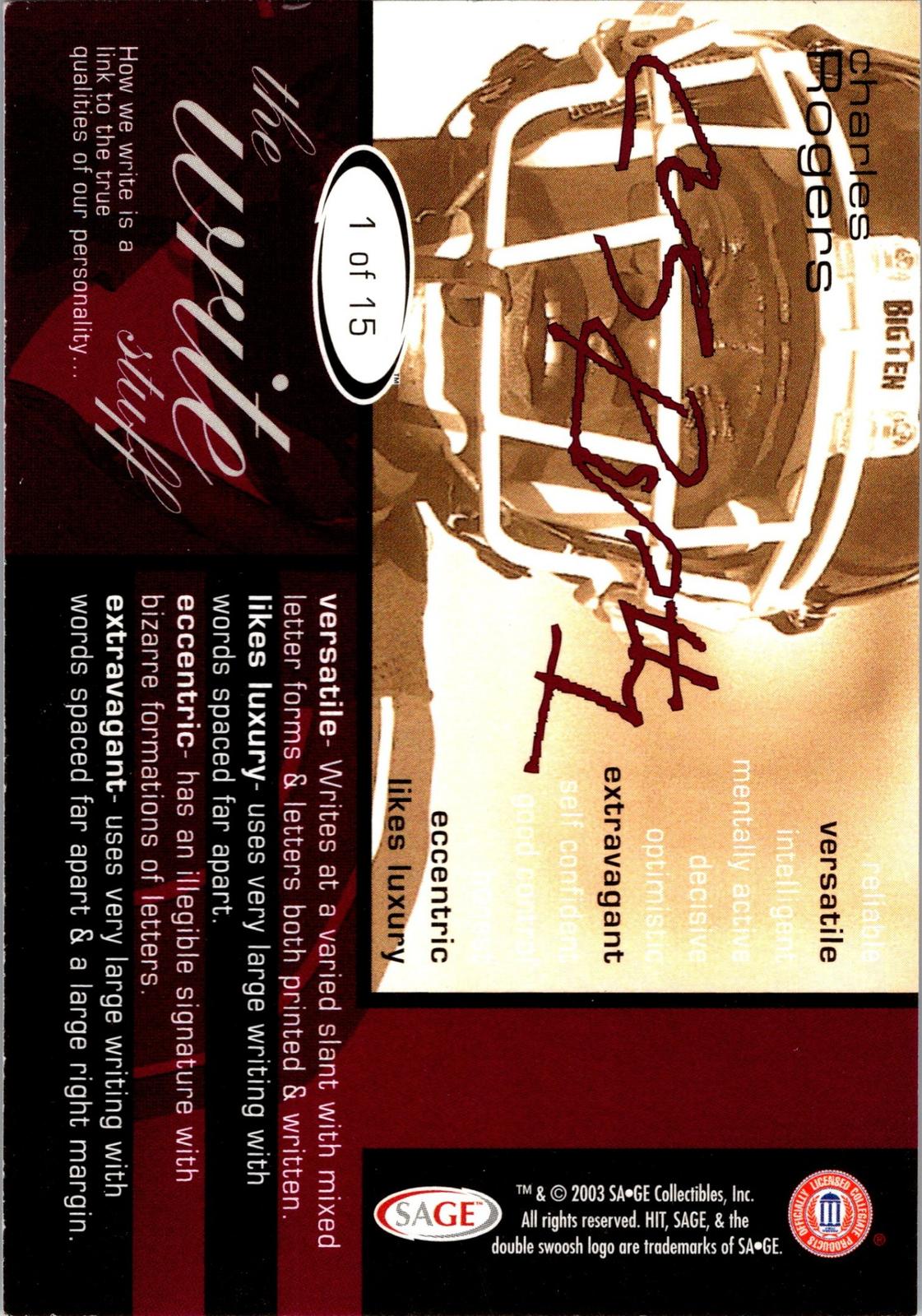 2003 SAGE HIT #1 Charles Rogers Write Stuff