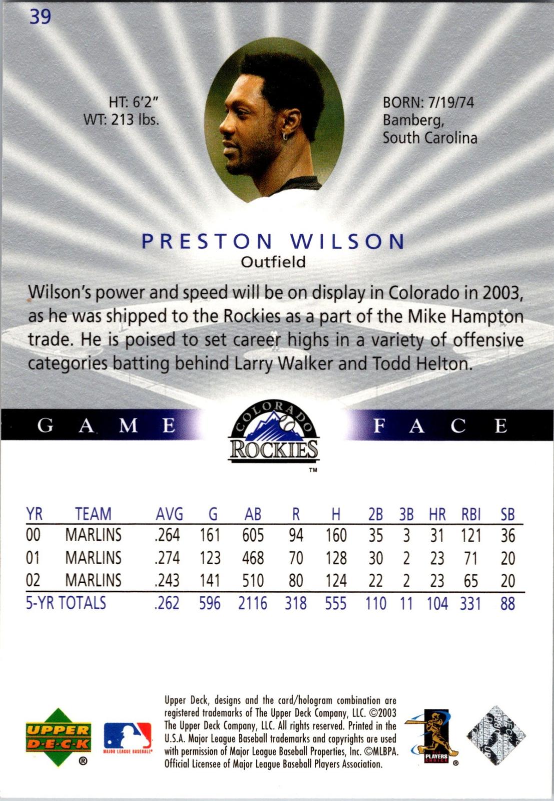 2003 Upper Deck Game Face #39 Preston Wilson