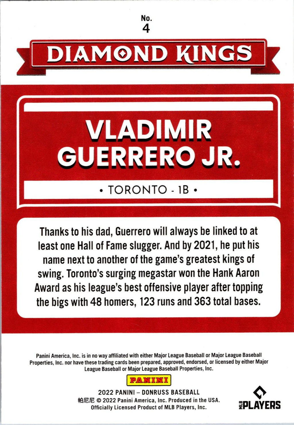 2022 Donruss #4 Vladimir Guerrero Jr. Liberty