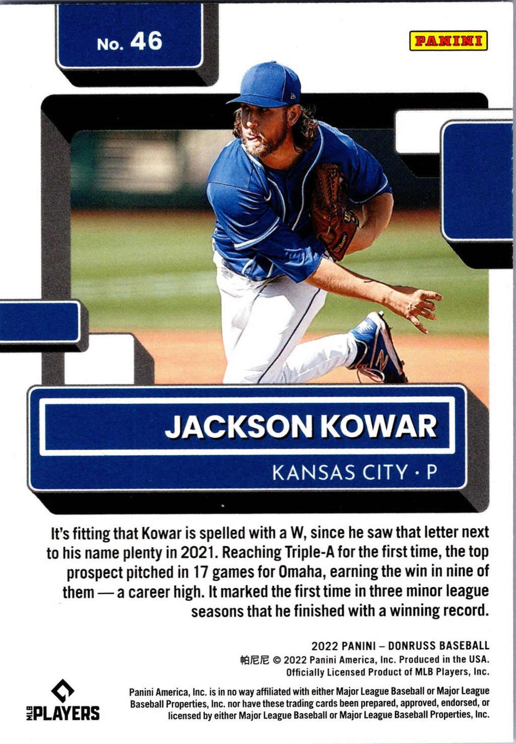 2022 Donruss #46 Jackson Kowar Holo Blue