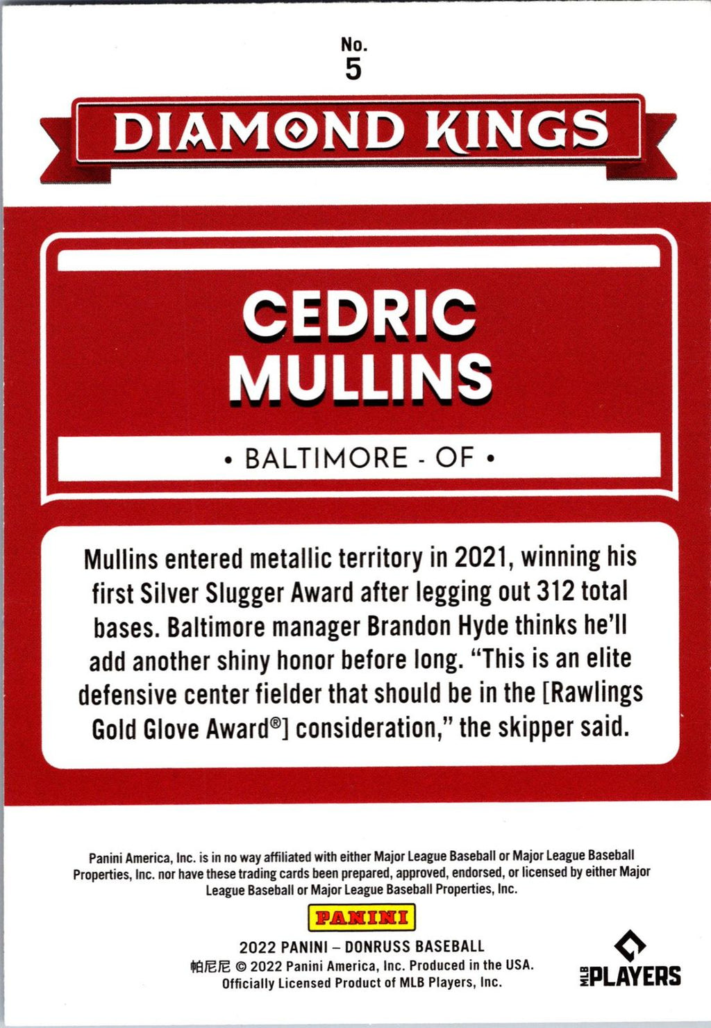 2022 Donruss #5 Cedric Mullins Holo Blue