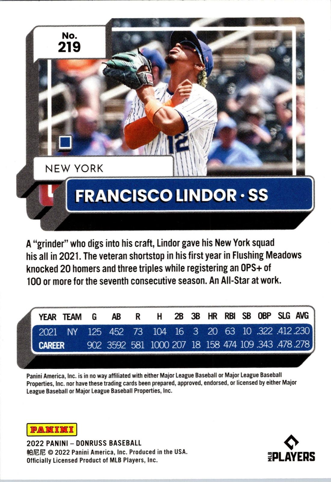 2022 Donruss #219 Francisco Lindor Holo Blue