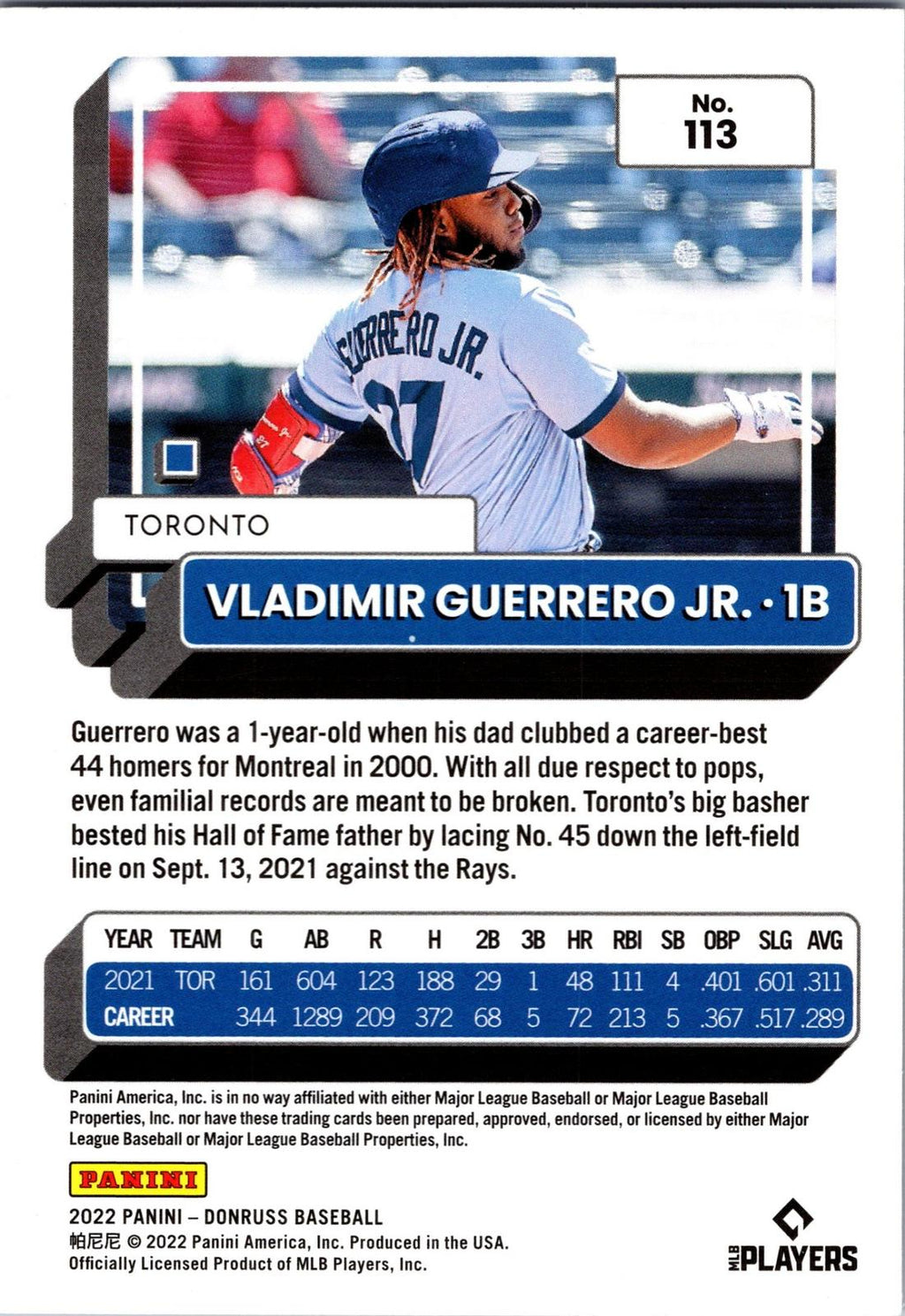 2022 Donruss #113b Vladimir Guerrero Jr. Holo Blue