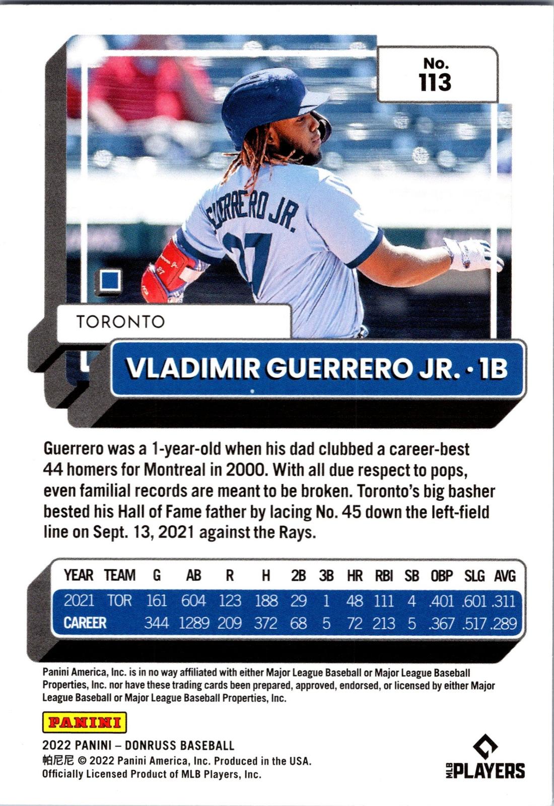 2022 Donruss #113b Vladimir Guerrero Jr. Holo Blue