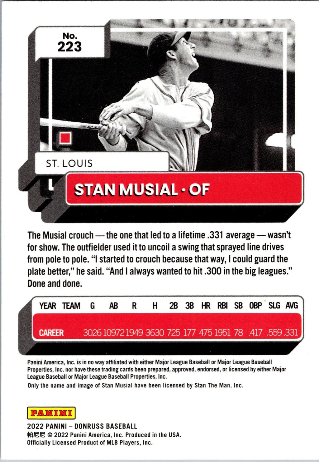 2022 Donruss #223b Stan Musial Holo Blue