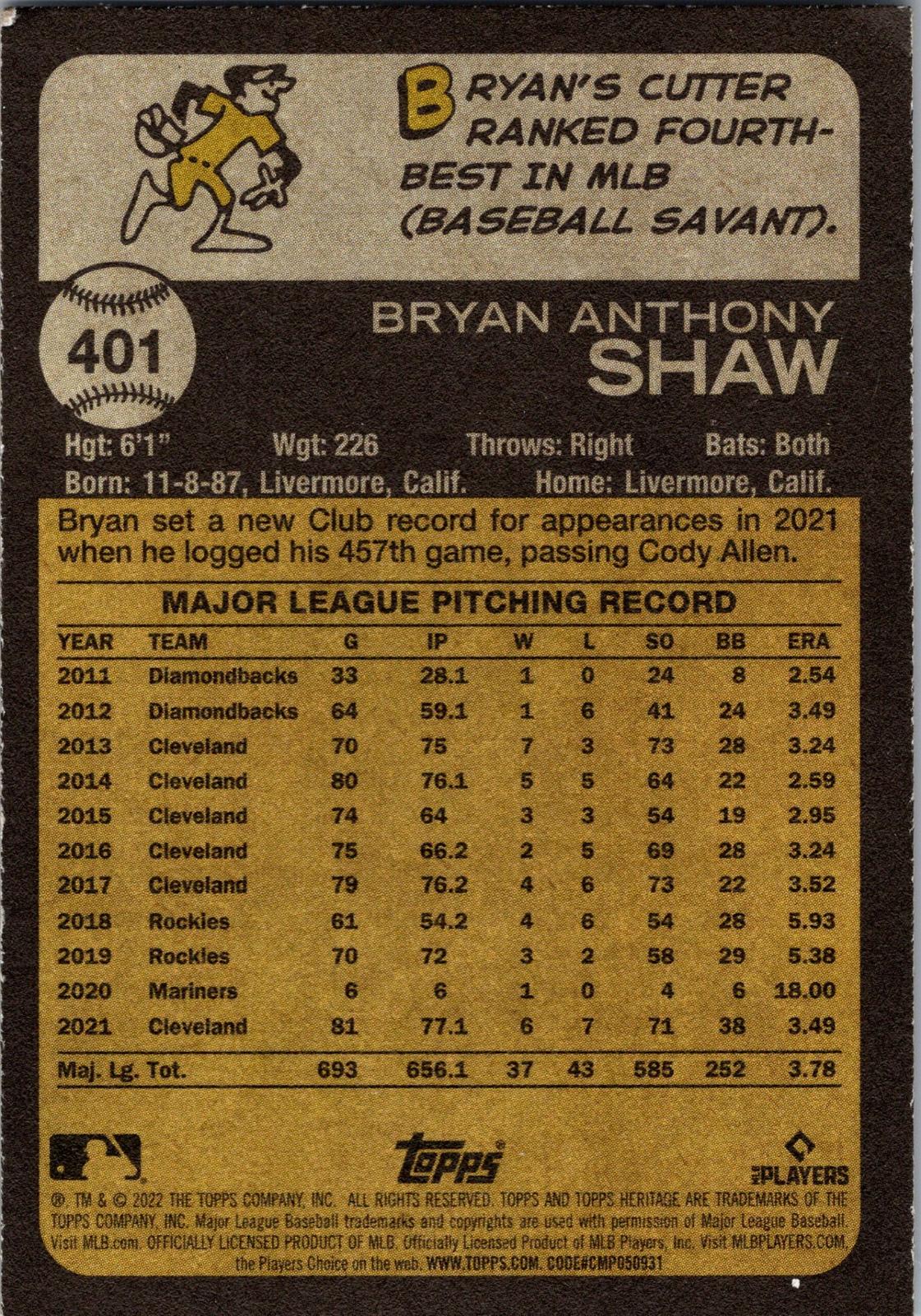 2022 Topps Heritage #401 Bryan Shaw