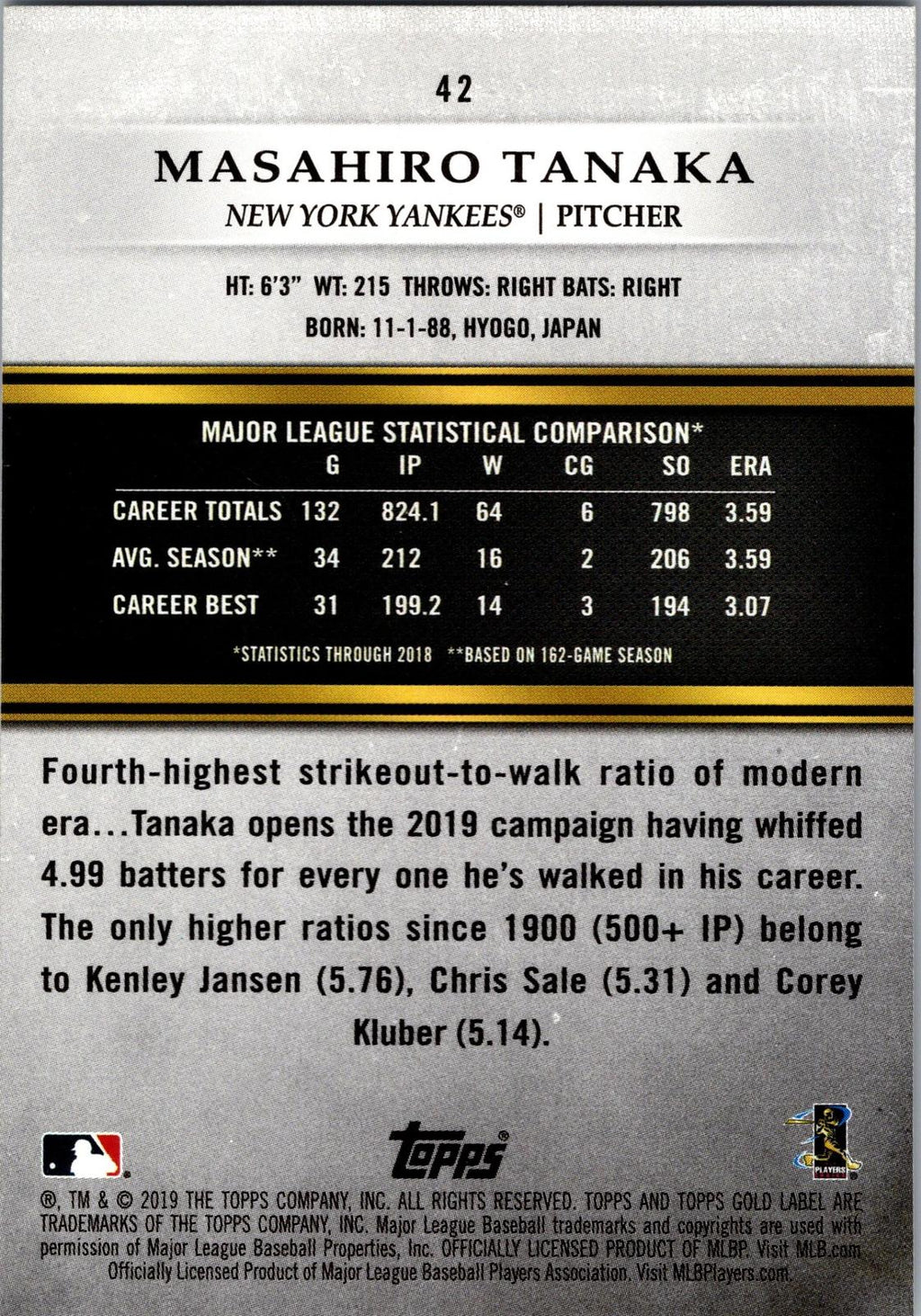 2019 Topps Gold Label #42 Masahiro Tanaka