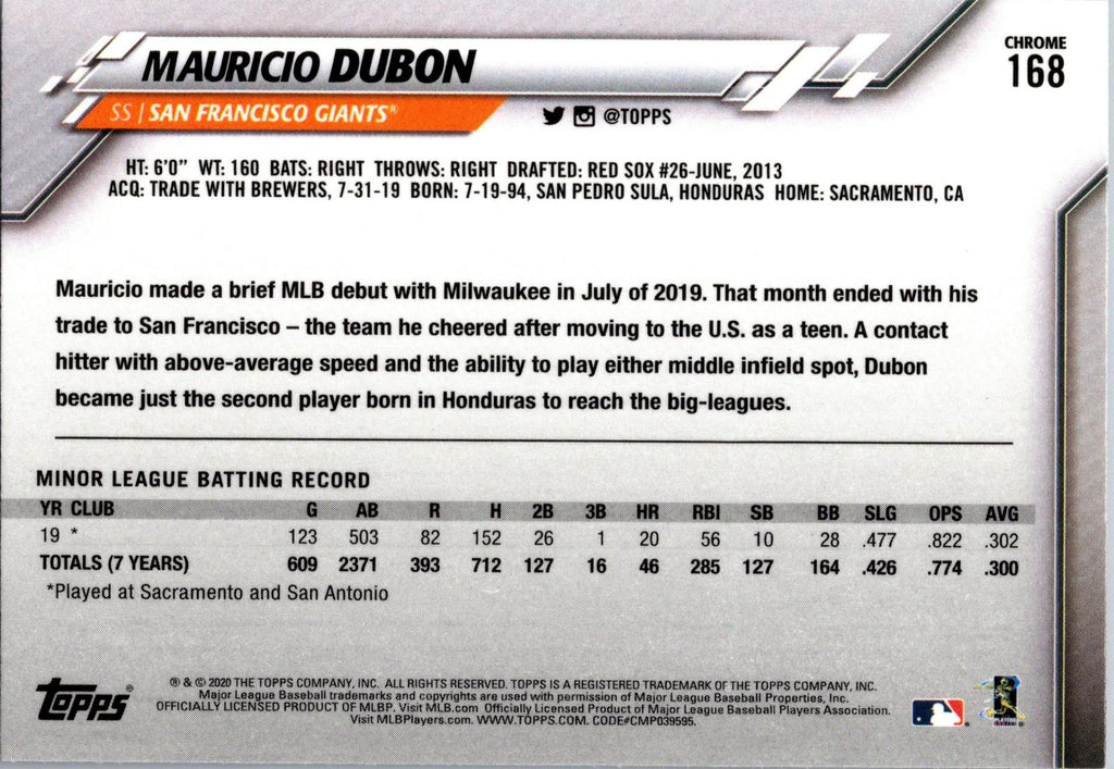 2020 Topps Chrome #168 Mauricio Dubon