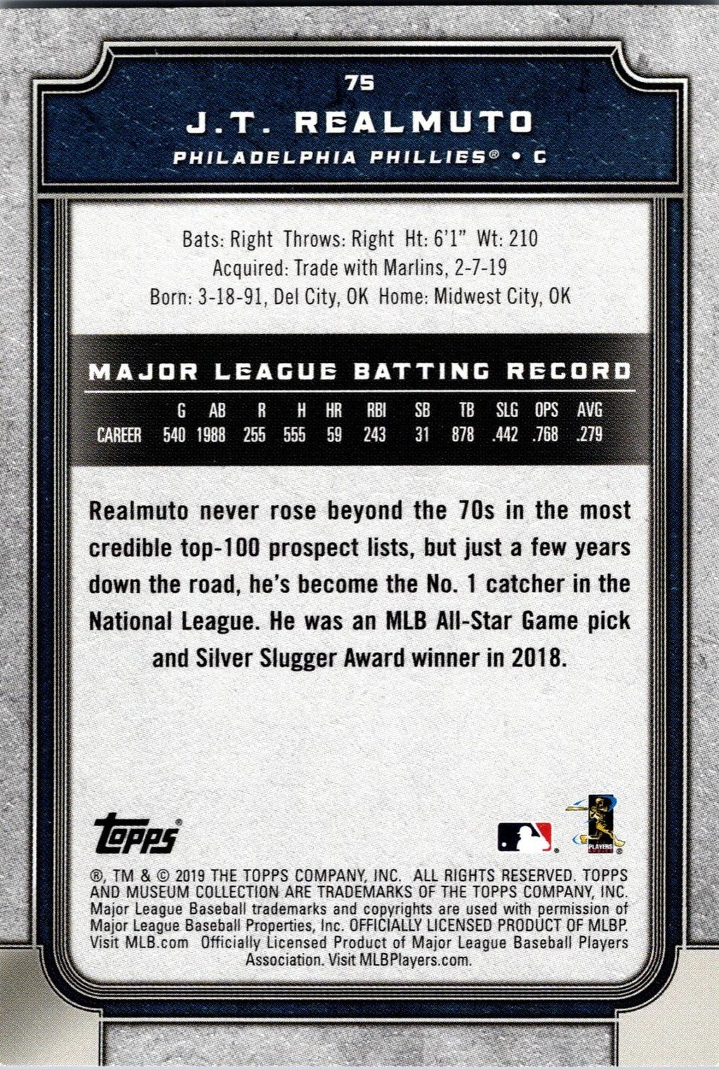2019 Topps Museum Collection #75 J.T. Realmuto