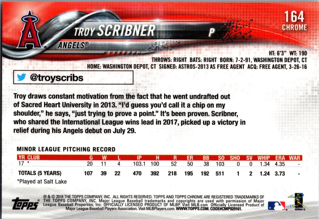 2018 Topps Chrome #164 Troy Scribner Refractor