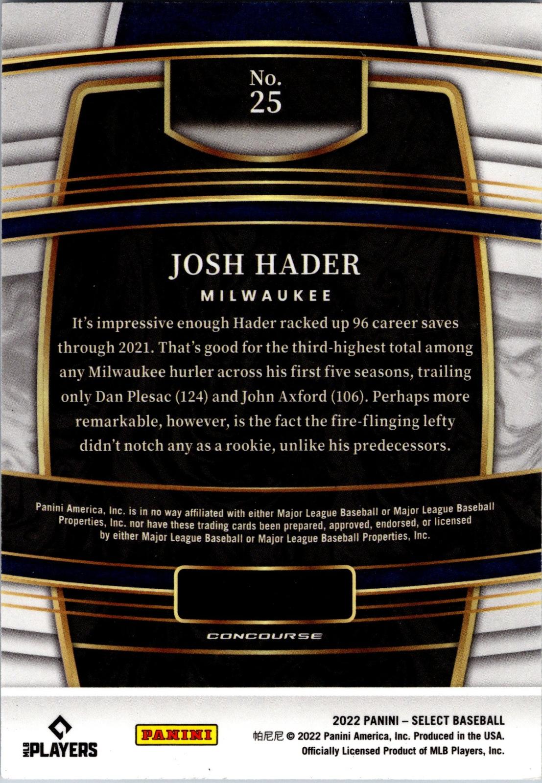 2022 Panini Select #25 Josh Hader Blue Retail Base