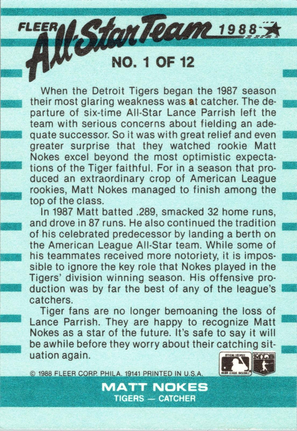 1988 Fleer #1 Matt Nokes All-Star Team
