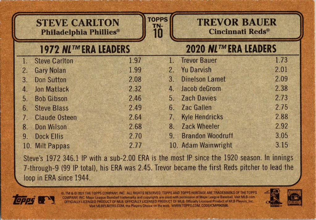 2021 Topps Heritage #TN-10 Steve Carlton / Trevor Bauer Then and Now